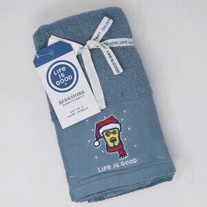 Life Is Good Dog Holiday Towels Blue Embroidered Winter Christmas Santa Set New